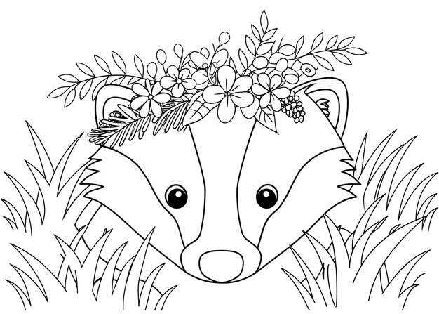 Cute Badger with Floral Crown Coloring Page