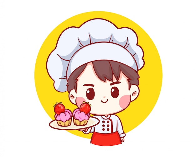 Cute bakery chef boy holding tarta de fresa sonriente logotipo de ilustración de dibujos animados arte.