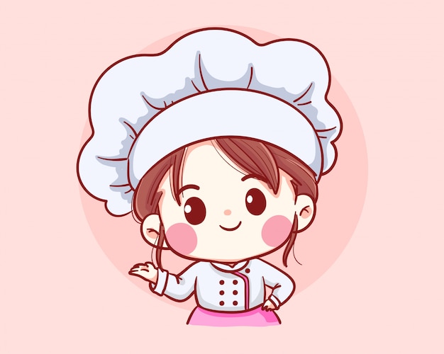 Cute bakery chef girl bienvenido sonriente ilustración de dibujos animados logo de arte.