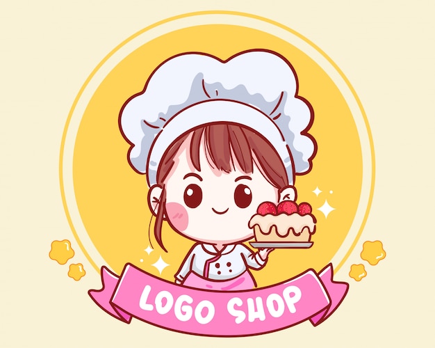 Cute Bakery Chef girl sonriente arte de dibujos animados con el logo de ilustración de pastel de fresa.