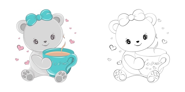 Cute Bear Clipart para colorear página e ilustración. Ilustración animal feliz con taza