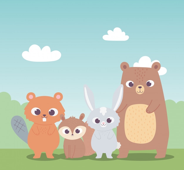 Vector cute beaver ardilla oso y conejito animales de dibujos animados