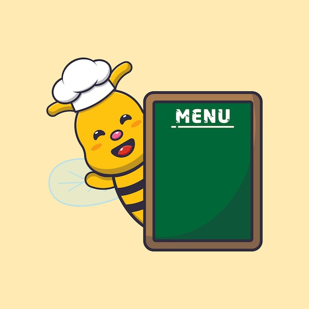 Cute bee chef mascota personaje de dibujos animados con tablero de menú