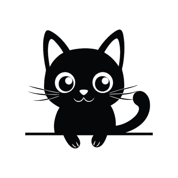 cute black cat cartoon peeking over a line illustration