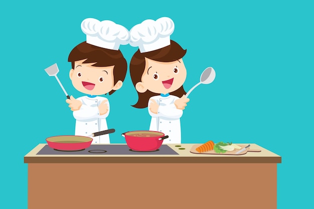 Vector cute boy and girl cocinando en la cocina feliz chef niños