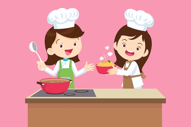 Cute Boy and Girl cocinando en la cocina feliz chef niños