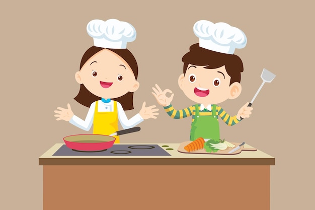 Cute boy and girl cocinando en la cocina feliz chef niños