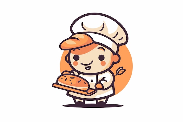 Cute boy chef con ilustración de vector de dibujos animados de pan Personaje de dibujos animados