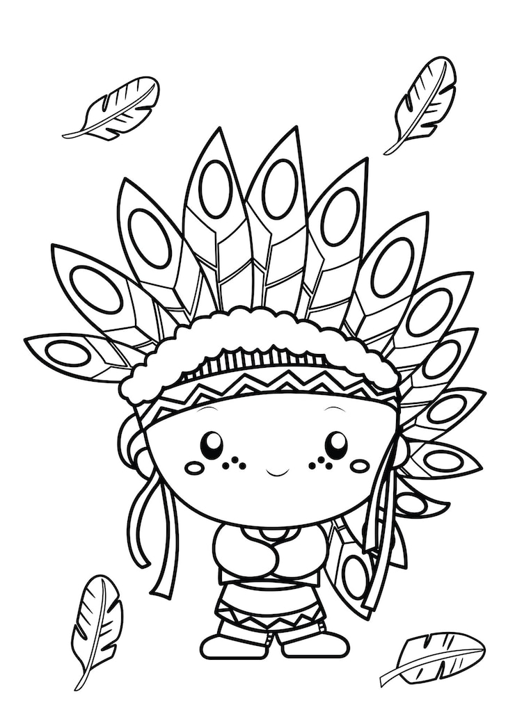 Cute Boy Kids Native American Indian Costume Actividad de colorear dibujos animados para niños y adultos