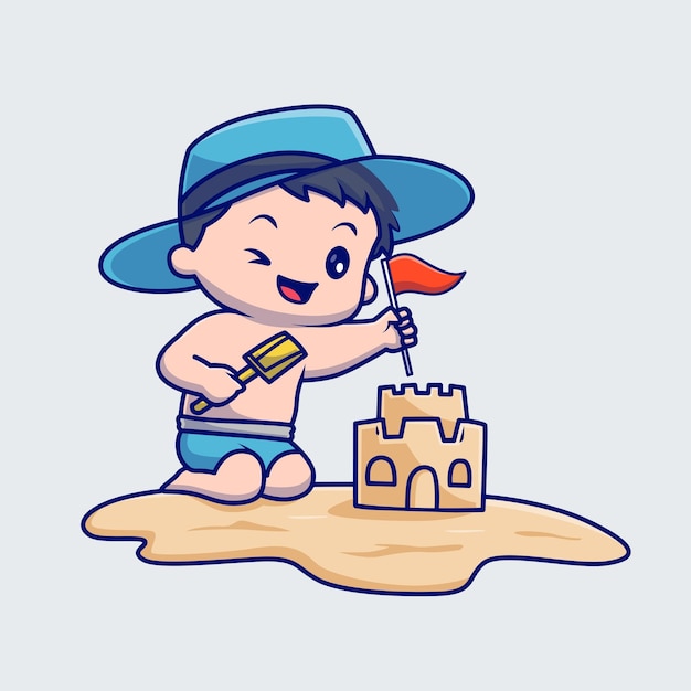 Cute boy playing sand castle en beach cartoon vector icon illustration. gente, vacaciones, aislado, plano