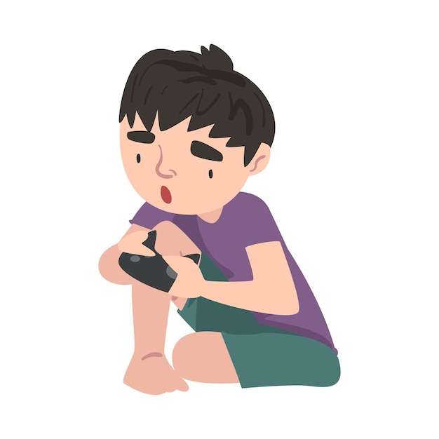 Vector cute boy sitting on floor with joystick teenage kid playing video game cartoon style vector illustration