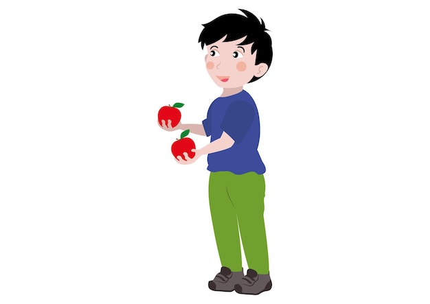 Cute Boy tiene dos manzanas en la mano