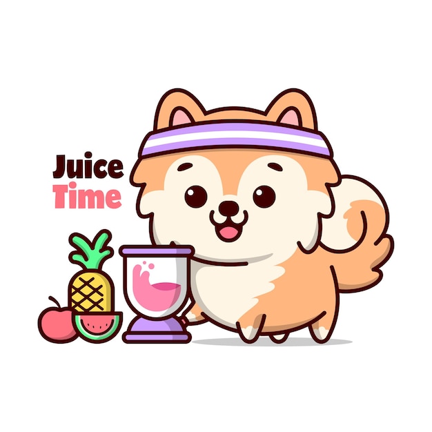 Cute brown pupppy está haciendo jugo de frutas ilustración de dibujos animados