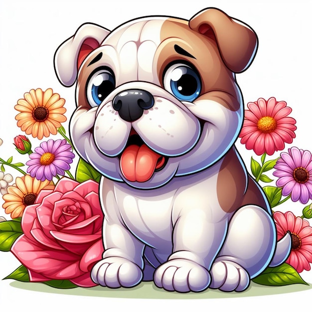 Cute Bulldog Dogs amp Flower Vector Ilustración de dibujos animados