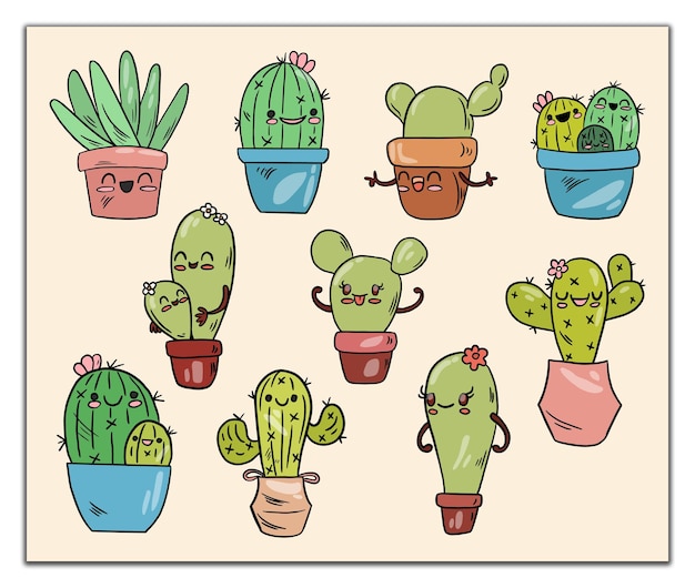 Cute Cactus Characters in Colorful Pots