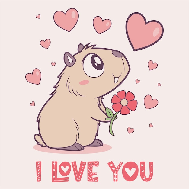 Cute capybara holding a flower with hearts and the text I Love You