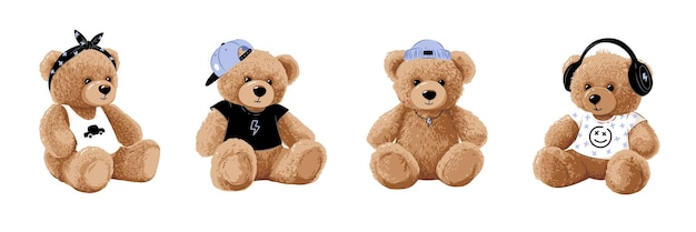 Cute cartoon bear doll set for babies and children Fluffy soft stuffed toys Little teddy bears vector illustrations in trendy style isolated on white background Beige and brown colors