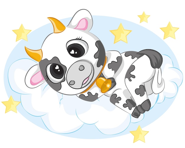 Cute cartoon bull está durmiendo en la nube. diseño para papel tapiz, libros, camisetas, postales, etc.