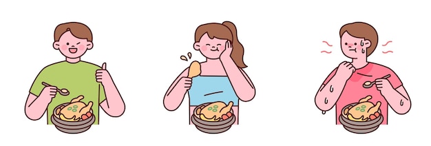 Cute cartoon characters eating hot Korean chicken soup samgyetang in summer