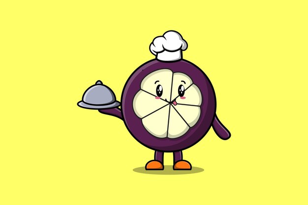 Cute Cartoon chef Mangosteen mascota personaje sirviendo comida en bandeja estilo lindo diseño ilustración