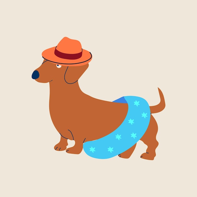 A cute cartoon dachshund wearing a hat and a swimming suit ready for a fun