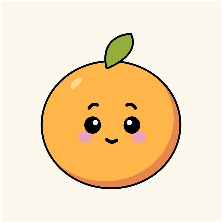 Cute cartoon orange with a happy face and a green leaf
