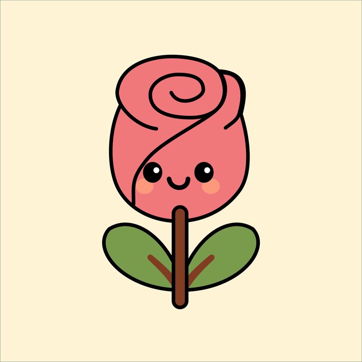 Cute cartoon rose flower with smiley face and green leaves