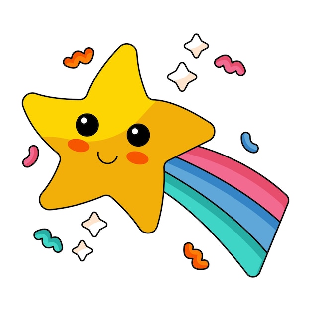 Cute Cartoon Star with Rainbow Trail and Confetti
