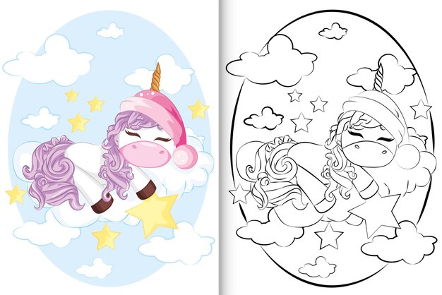 Cute Cartoon Unicorns están durmiendo en la nube. Libro para colorear para niños.