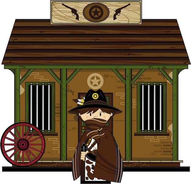 Vector cute cartoon wild west cowboy sheriff en la cárcel con six shooter pistols