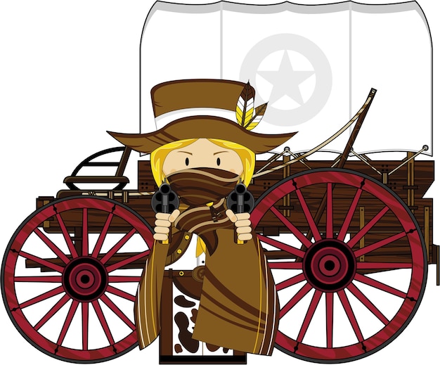 Cute Cartoon Wild West Cowgirl Pistolero en poncho y máscara con estilo occidental Chuck Wagon