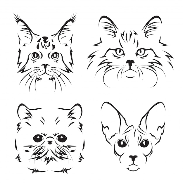 Cute cat breed line art logo set