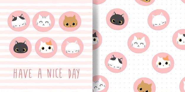 Cute cat head circle badge icon cartoon doodle de patrones sin fisuras y cubierta de la tarjeta