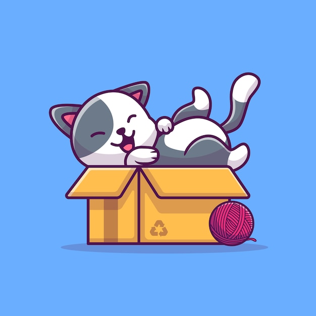 Vector cute cat play in box ilustración del icono de dibujos animados. concepto de icono animal aislado. estilo plano de dibujos animados