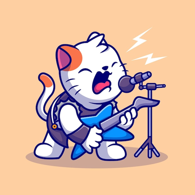Cute Cat Rocker Sing With Guitar Cartoon Vector Icon Illustration. Concepto de icono de música animal aislado Vector Premium. Estilo de dibujos animados plana
