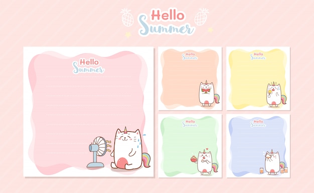 Cute cat unicorn summer memo notes plantilla para reserva de scrap de saludo