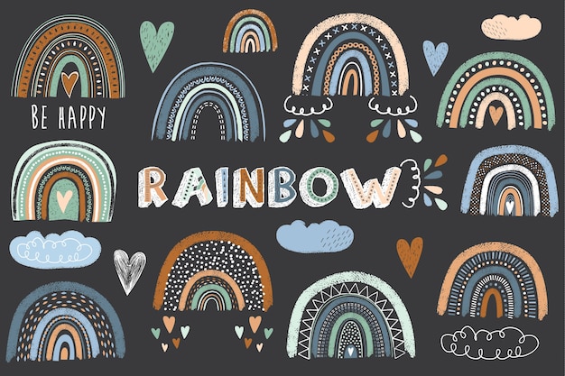 Vector cute chalkboard boho rainbow colecciones set