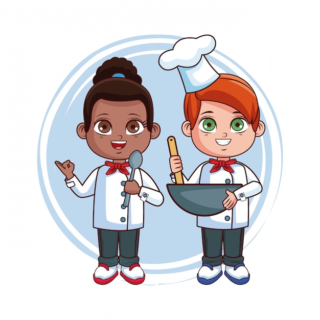 Cute chef kids dibujos animados de trabajo en equipo