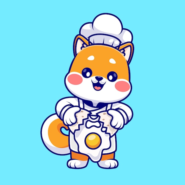 Vector cute chef shiba inu dog crack egg cartoon vector icono ilustración. icono de alimento animal plano aislado