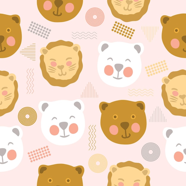 Cute chibi animales memphis doodle de patrones sin fisuras para niños o dibujos animados de bebé kawaii Vector Premium