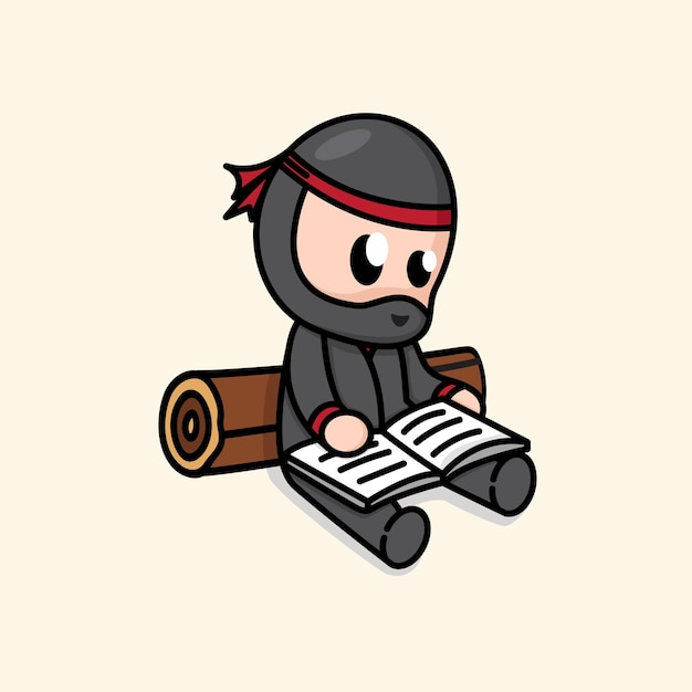 Vector cute chibi ninja leyendo una ilustración de dibujos animados de libros