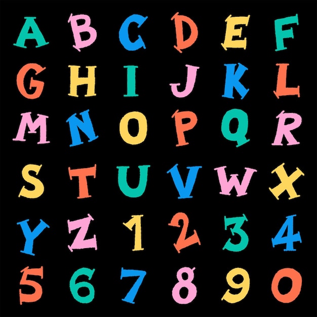 Cute Children Kid Font Letter Estilo de dibujos animados Dibujo a mano Colorido All Cap Alfabeto inglés Numérico