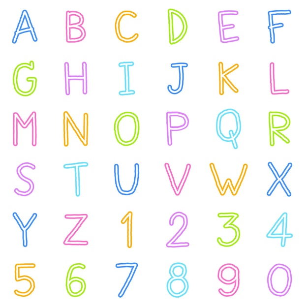 Cute Children Kids Font Letter Estilo de dibujos animados Dibujo a mano Colorido All Cap Alfabeto inglés Numérico