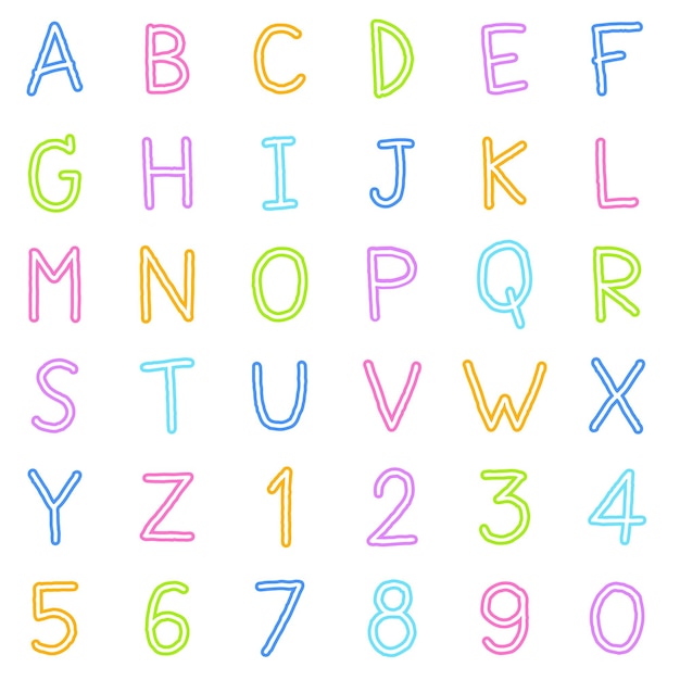 Vector cute children kids font letter estilo de dibujos animados dibujo a mano colorido all cap alfabeto inglés numérico