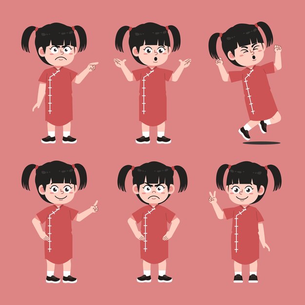 Cute Chinese Girl Cartoon Character Collections Set