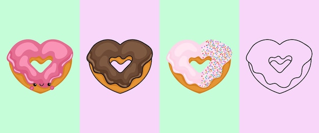 Cute Clipart Donut Ilustración y para colorear página. Comida de imágenes prediseñadas de dibujos animados.