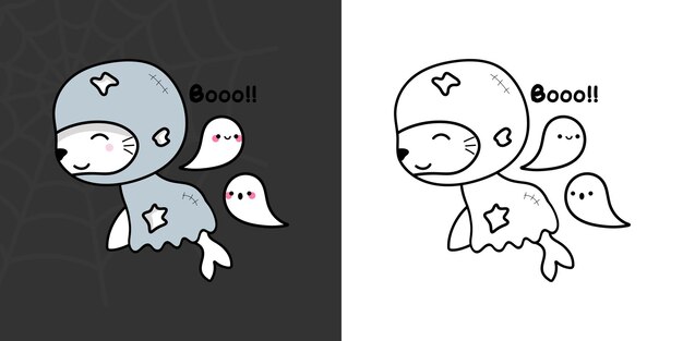 Cute clipart halloween seal ilustración y para colorear página. imágenes prediseñadas de dibujos animados de animales de halloween.