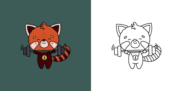 Cute Clipart Red Panda Sportsman Ilustración y para colorear página. Deportista de animales de dibujos animados.