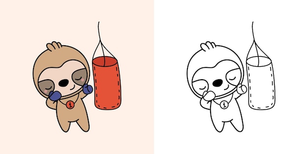 Cute Clipart Sloth Sportsman Ilustración y para colorear página. Deportista de animales de dibujos animados.
