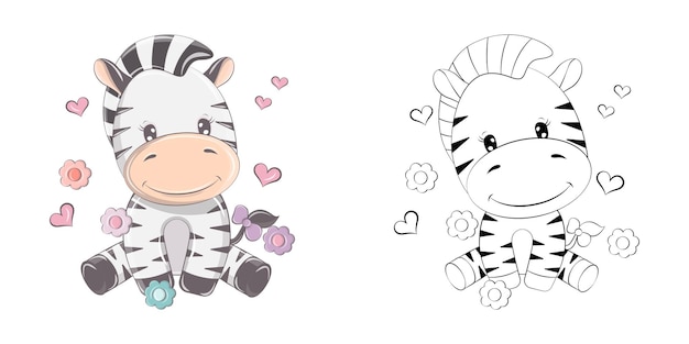 Vector cute clipart zebra ilustración y para colorear página. ilustración animal de dibujos animados con flores